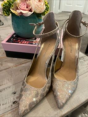 Gianni Bini Glittered Champagne Pointed-Toe Ankle-Strap Heels